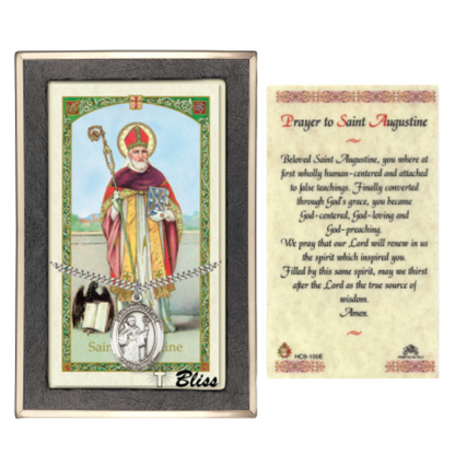 .925 Sterling Silver Saint St. Augustine of Hippo Medal Pendant on 24 Inch Endless Rhodium Plated Heavy Curb Brass Chain, Catholic Religious Necklace - Made in USA- Prayer Card Included
