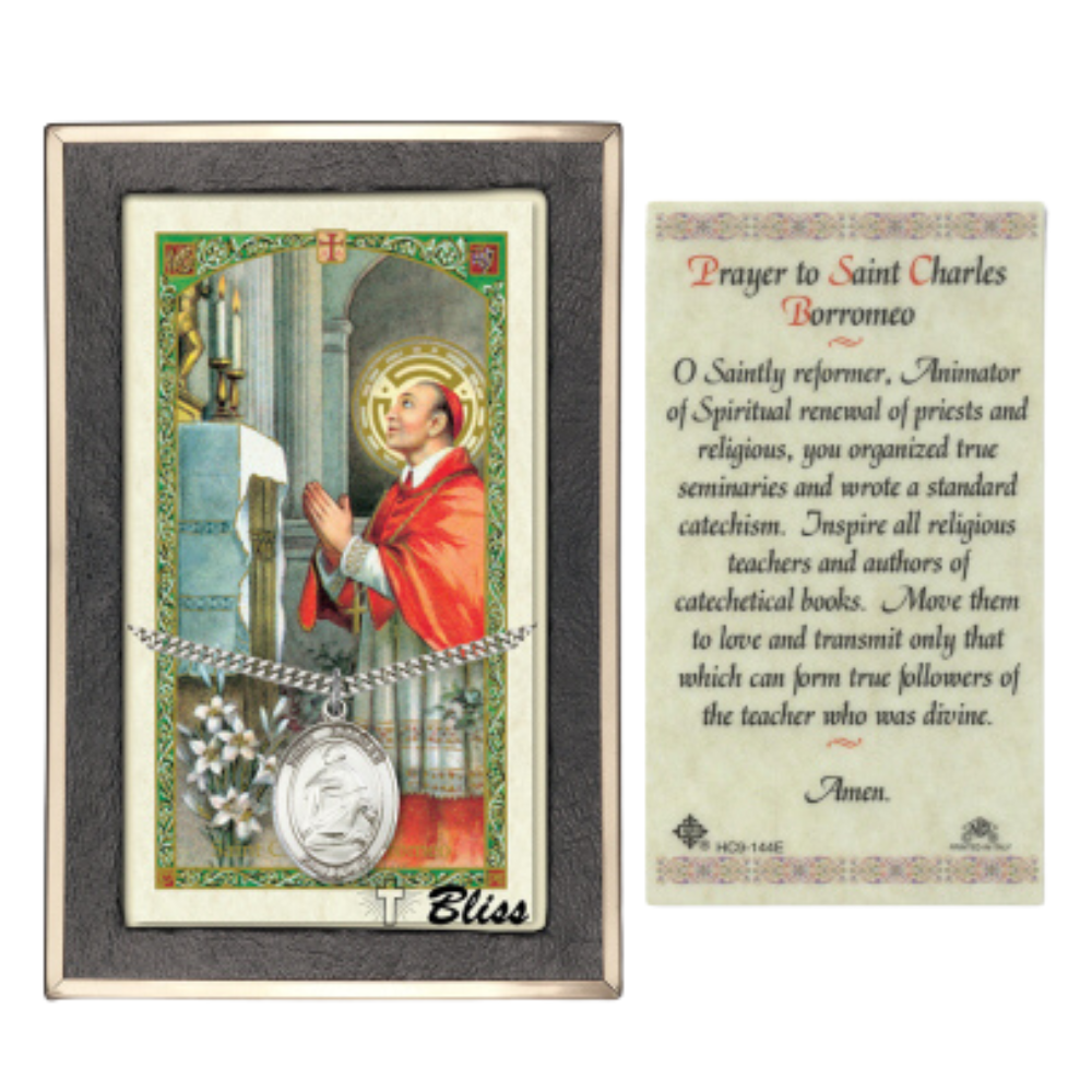 .925 Sterling Silver Saint St. Charles Borromeo Medal Pendant on 24 Inch Endless Rhodium Plated Heavy Curb Brass Chain, Catholic Religious Necklace - Made in USA- Prayer Card Included