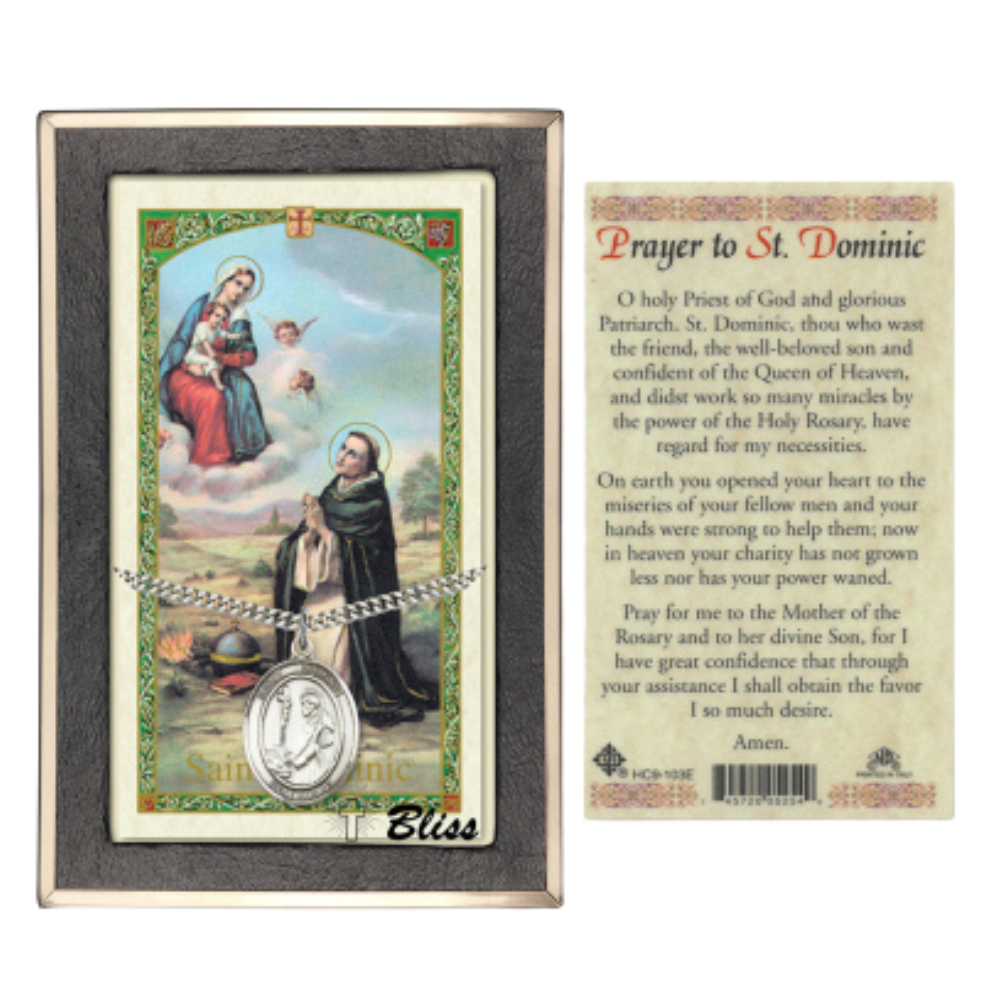 .925 Sterling Silver Saint St. Dominic de Guzman Medal Pendant on 24 Inch Endless Rhodium Plated Heavy Curb Brass Chain, Catholic Religious Necklace - Made in USA- Prayer Card Included
