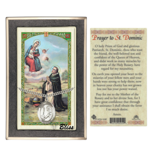 Everlasting Light Jewelry Pewter Saint St. Dominic de Guzman Medal Pendant on 24 Inch Endless Rhodium Plated Heavy Curb Brass Chain, Catholic Religious Necklace - Made in USA- Prayer Card Included