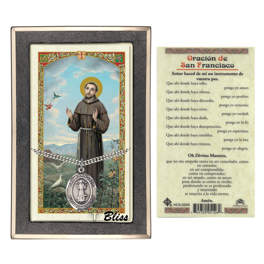 Everlasting Light Jewelry Pewter Saint St. Francisco Medal Pendant on 24 Inch Endless Rhodium Plated Heavy Curb Brass Chain, Catholic Religious Necklace - Made in USA- Prayer Card Included