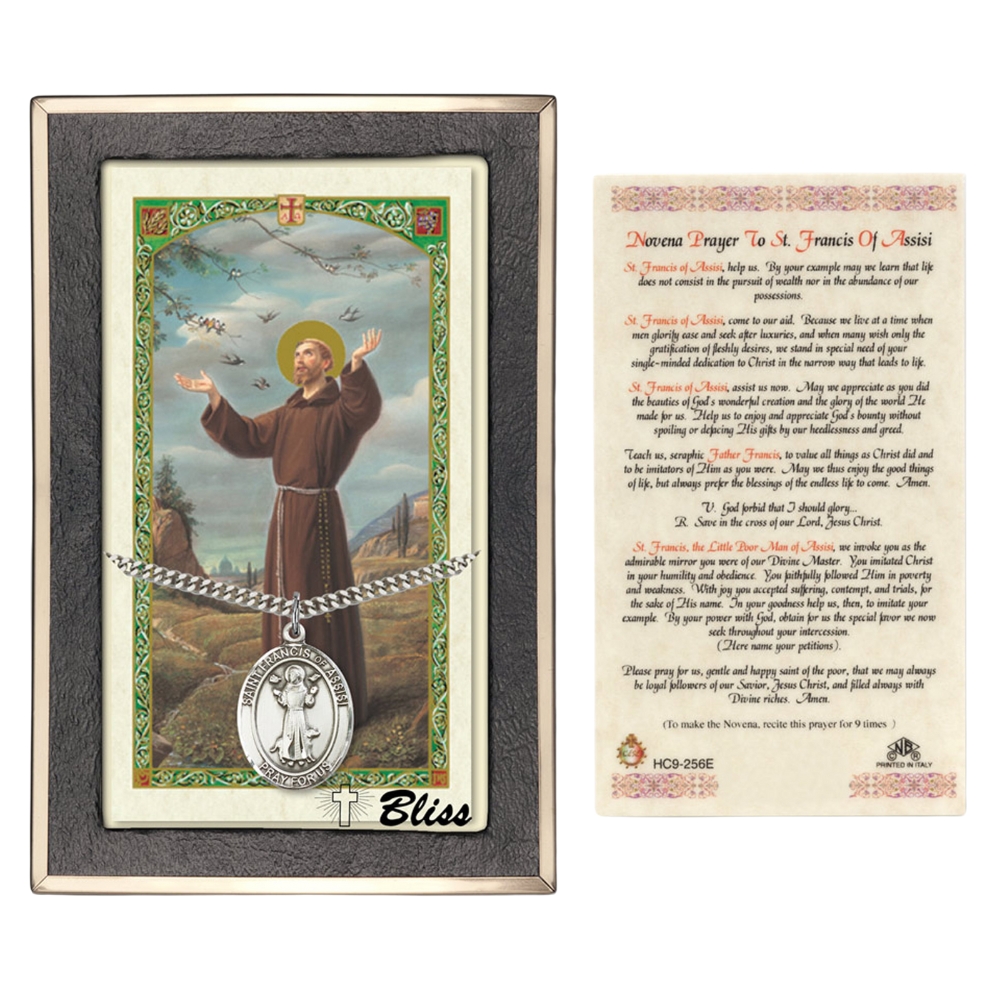 Everlasting Light Jewelry Pewter Saint St. Francis of Assisi Medal Pendant on 24 Inch Endless Rhodium Plated Heavy Curb Brass Chain, Catholic Religious Necklace - Made in USA- Prayer Card Included