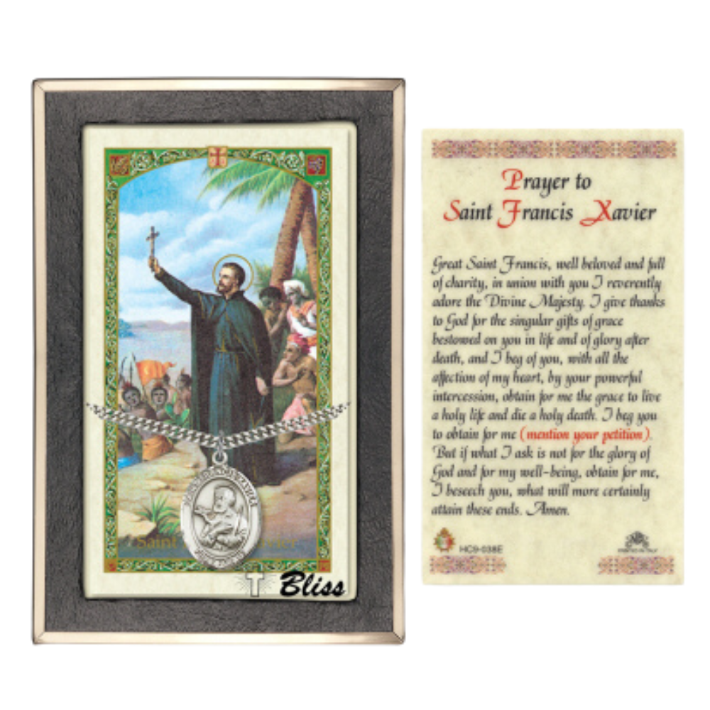 .925 Sterling Silver Saint St. Francis Xavier Medal Pendant on 24 Inch Endless Rhodium Plated Heavy Curb Brass Chain, Catholic Religious Necklace - Made in USA- Prayer Card Included
