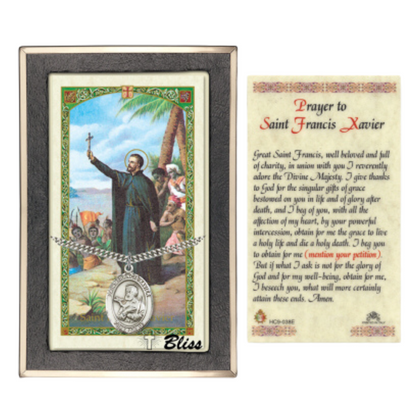 .925 Sterling Silver Saint St. Francis Xavier Medal Pendant on 24 Inch Endless Rhodium Plated Heavy Curb Brass Chain, Catholic Religious Necklace - Made in USA- Prayer Card Included