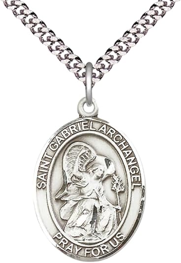 .925 Sterling Silver Saint St. Gabriel the Archangel Medal Pendant on 24 Inch Endless Rhodium Plated Heavy Curb Brass Chain, Catholic Religious Necklace - Made in USA- Prayer Card Included