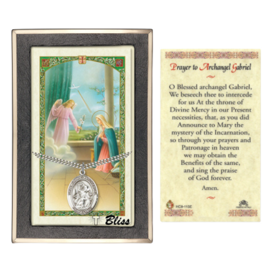 .925 Sterling Silver Saint St. Gabriel the Archangel Medal Pendant on 24 Inch Endless Rhodium Plated Heavy Curb Brass Chain, Catholic Religious Necklace - Made in USA- Prayer Card Included