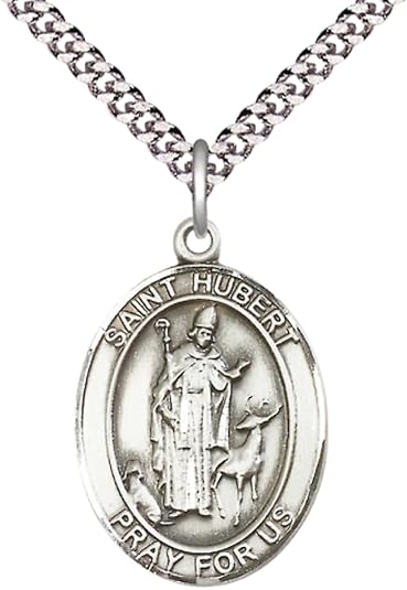 .925 Sterling Silver Saint St. Hubert of Liege Medal Pendant on 24 Inch Endless Rhodium Plated Heavy Curb Brass Chain, Catholic Religious Necklace - Made in USA- Prayer Card Included