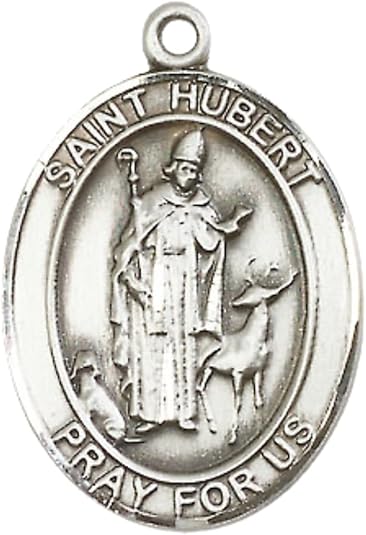 .925 Sterling Silver Saint St. Hubert of Liege Medal Pendant on 24 Inch Endless Rhodium Plated Heavy Curb Brass Chain, Catholic Religious Necklace - Made in USA- Prayer Card Included