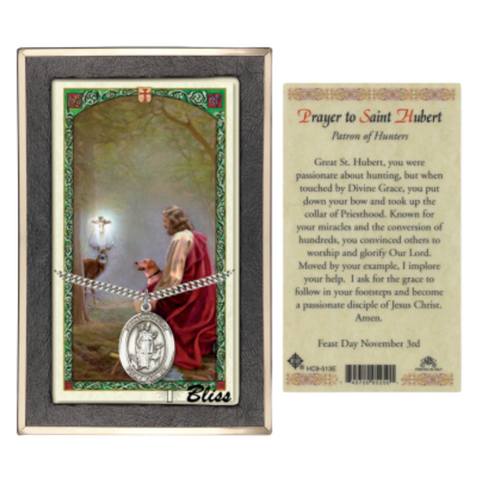 .925 Sterling Silver Saint St. Hubert of Liege Medal Pendant on 24 Inch Endless Rhodium Plated Heavy Curb Brass Chain, Catholic Religious Necklace - Made in USA- Prayer Card Included