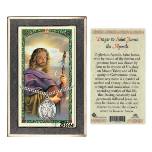 .925 Sterling Silver Saint St. James the Greater Medal Pendant on 24 Inch Endless Rhodium Plated Heavy Curb Brass Chain, Catholic Religious Necklace - Made in USA- Prayer Card Included