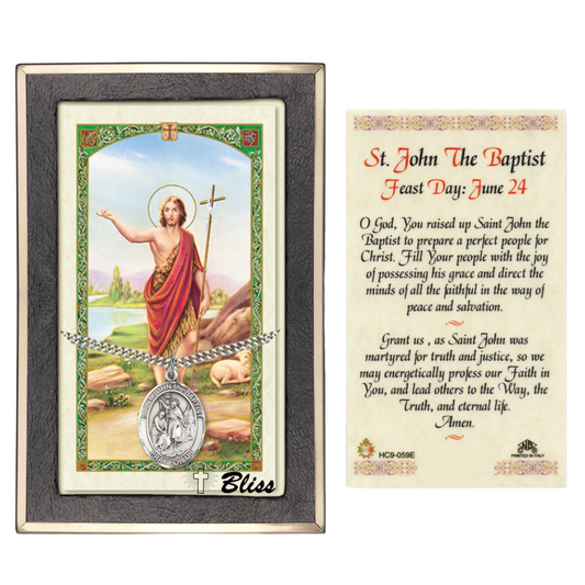 .925 Sterling Silver Saint St. John the BaptiSaint St. Medal Pendant on 24 Inch Endless Rhodium Plated Heavy Curb Brass Chain, Catholic Religious Necklace - Made in USA- Prayer Card Included