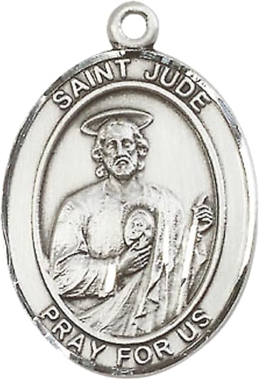 Everlasting Light Jewelry Pewter Saint St. Jude Thaddeus Medal Pendant on 24 Inch Endless Rhodium Plated Heavy Curb Brass Chain, Catholic Religious Necklace - Made in USA- Prayer Card Included