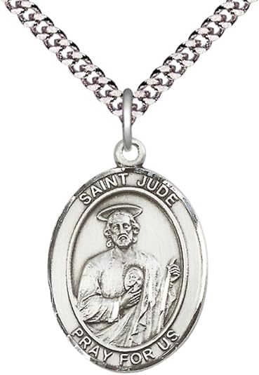 Everlasting Light Jewelry Pewter Saint St. Jude Thaddeus Medal Pendant on 24 Inch Endless Rhodium Plated Heavy Curb Brass Chain, Catholic Religious Necklace - Made in USA- Prayer Card Included