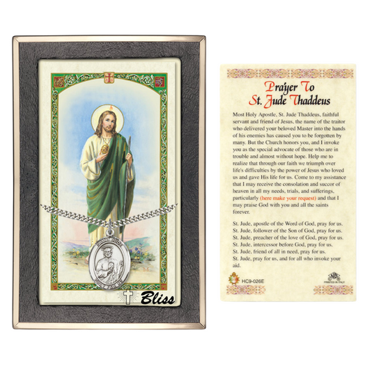 Everlasting Light Jewelry Pewter Saint St. Jude Thaddeus Medal Pendant on 24 Inch Endless Rhodium Plated Heavy Curb Brass Chain, Catholic Religious Necklace - Made in USA- Prayer Card Included