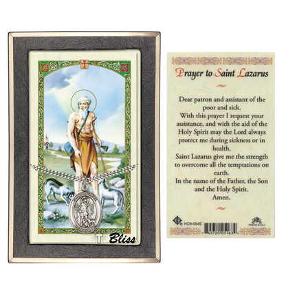 Everlasting Light Jewelry Pewter Saint St. Lazarus Medal Pendant on 24 Inch Endless Rhodium Plated Heavy Curb Brass Chain, Catholic Religious Necklace - Made in USA- Prayer Card Included