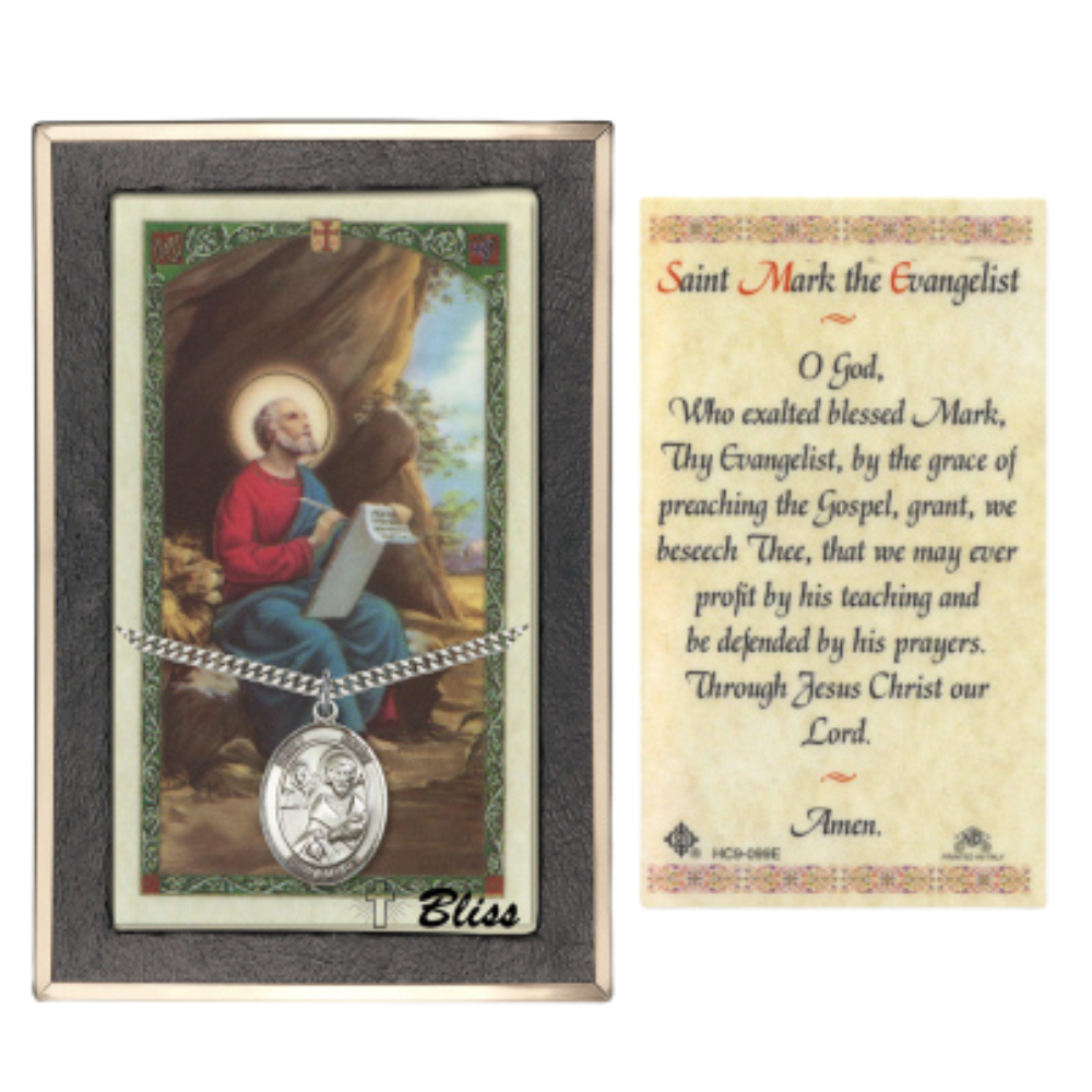 .925 Sterling Silver Saint St. Mark the EvangeliSaint St. Medal Pendant on 24 Inch Endless Rhodium Plated Heavy Curb Brass Chain, Catholic Religious Necklace - Made in USA- Prayer Card Included