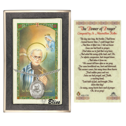 Everlasting Light Jewelry .925 Sterling Silver Maximilian Kolbe Medal Pendant on 24 Inch Endless Rhodium Plated Heavy Curb Brass Chain, Catholic Religious Necklace - Made in USA- Prayer Card Included