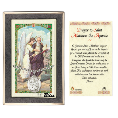 Everlasting Light Jewelry Pewter Saint St. Matthew the Apostle Medal Pendant on 24 Inch Endless Rhodium Plated Heavy Curb Brass Chain, Catholic Religious Necklace - Made in USA- Prayer Card Included