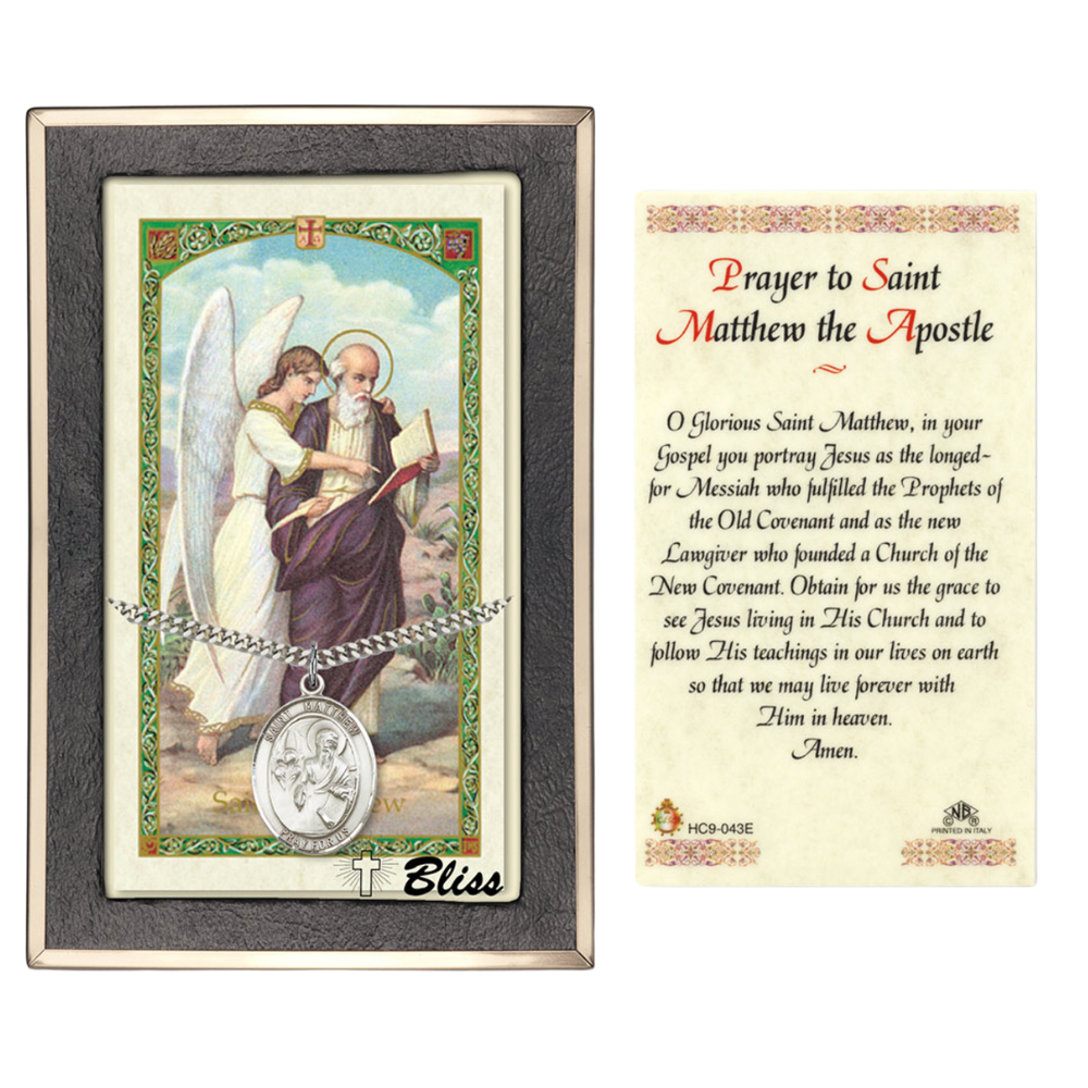 .925 Sterling Silver Saint St. Matthew the Apostle Medal Pendant on 24 Inch Endless Rhodium Plated Heavy Curb Brass Chain, Catholic Religious Necklace - Made in USA- Prayer Card Included
