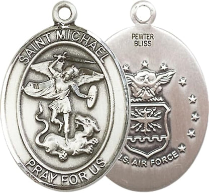 Everlasting Light Jewelry Pewter Saint St. Michael Air Force Medal Pendant on 24 Inch Endless Rhodium Plated Heavy Curb Brass Chain, Catholic Religious Necklace - Made in USA- Prayer Card Included