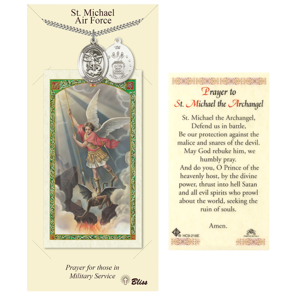Everlasting Light Jewelry Pewter Saint St. Michael Air Force Medal Pendant on 24 Inch Endless Rhodium Plated Heavy Curb Brass Chain, Catholic Religious Necklace - Made in USA- Prayer Card Included