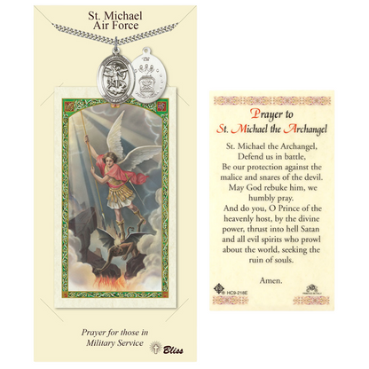 Everlasting Light Jewelry Pewter Saint St. Michael Air Force Medal Pendant on 24 Inch Endless Rhodium Plated Heavy Curb Brass Chain, Catholic Religious Necklace - Made in USA- Prayer Card Included