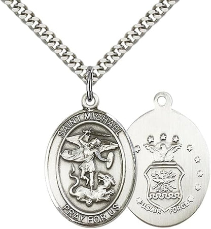 Everlasting Light Jewelry Pewter Saint St. Michael Air Force Medal Pendant on 24 Inch Endless Rhodium Plated Heavy Curb Brass Chain, Catholic Religious Necklace - Made in USA - Prayer Card Included