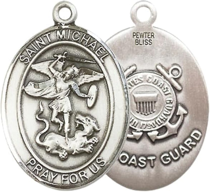 Everlasting Light Jewelry Pewter Saint St. Michael Coast Guard Medal Pendant on 24 Inch Endless Rhodium Plated Heavy Curb Brass Chain, Catholic Religious Necklace - Made in USA- Prayer Card Included
