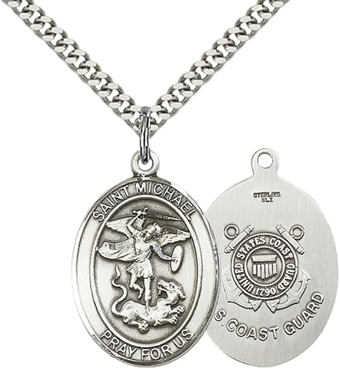 Everlasting Light Jewelry Pewter Saint St. Michael Coast Guard Medal Pendant on 24 Inch Endless Rhodium Plated Heavy Curb Brass Chain, Catholic Religious Necklace - Made in USA- Prayer Card Included