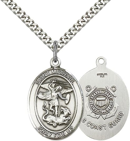 Everlasting Light Jewelry Pewter Saint St. Michael Coast Guard Medal Pendant on 24 Inch Endless Rhodium Plated Heavy Curb Brass Chain, Catholic Religious Necklace - Made in USA- Prayer Card Included