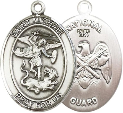 Everlasting Light Jewelry Pewter Saint St. Michael National Guard Medal Pendant on 24 Inch Endless Rhodium Plated Heavy Curb Brass Chain, Catholic Religious Necklace - Made in USA- Prayer Card Included