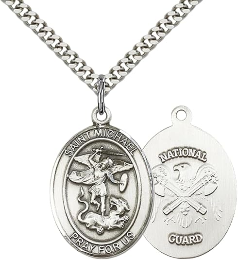 Everlasting Light Jewelry Pewter Saint St. Michael National Guard Medal Pendant on 24 Inch Endless Rhodium Plated Heavy Curb Brass Chain, Catholic Religious Necklace - Made in USA- Prayer Card Included