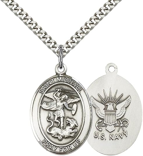 Everlasting Light Jewelry Pewter Saint St. Michael Navy Medal Pendant on 24 Inch Endless Rhodium Plated Heavy Curb Brass Chain, Catholic Religious Necklace - Made in USA - Prayer Card Included