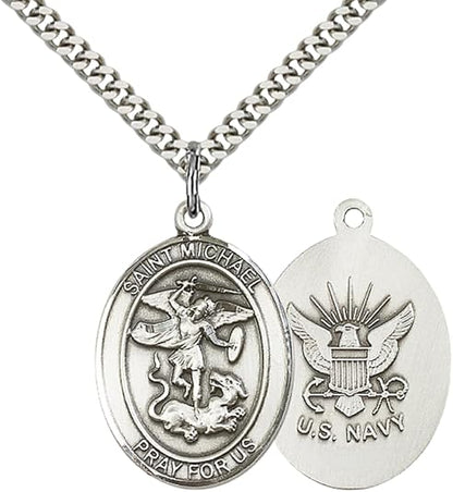 Everlasting Light Jewelry Pewter Saint St. Michael Navy Medal Pendant on 24 Inch Endless Rhodium Plated Heavy Curb Brass Chain, Catholic Religious Necklace - Made in USA- Prayer Card Included