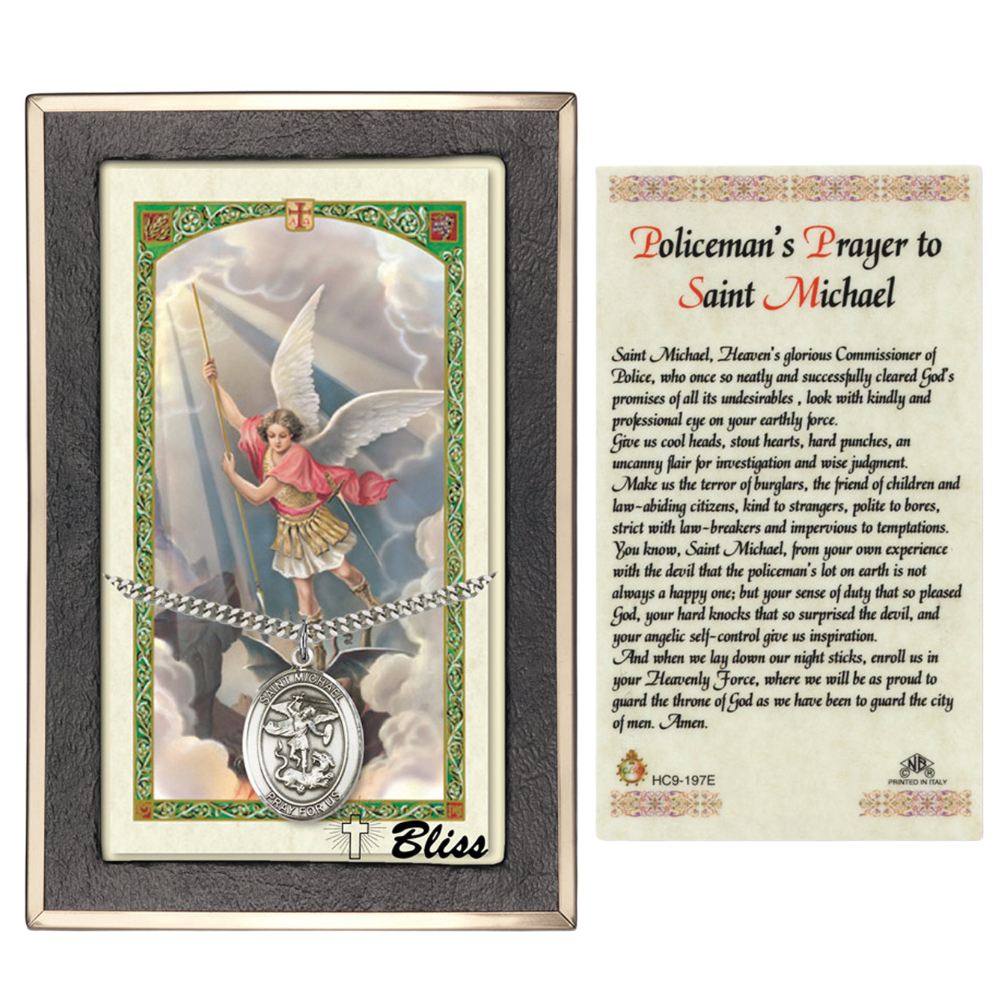 .925 Sterling Silver Saint St. Michael the Archangel Medal Pendant on 24 Inch Endless Rhodium Plated Heavy Curb Brass Chain, Catholic Religious Necklace, Made in USA- Prayer Card Included
