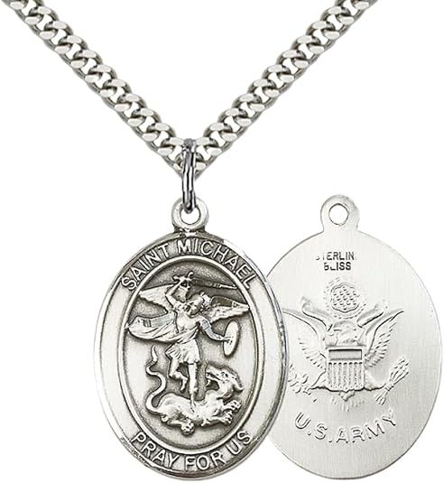 .925 Sterling Silver Saint St. Michael Army Medal Pendant on 24 Inch Endless Rhodium Plated Heavy Curb Brass Chain, Catholic Religious Necklace - Made in USA- Prayer Card Included
