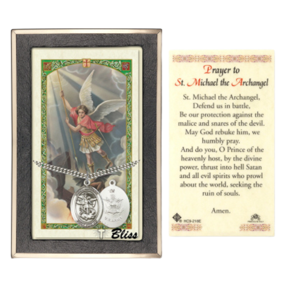 .925 Sterling Silver Saint St. Michael Army Medal Pendant on 24 Inch Endless Rhodium Plated Heavy Curb Brass Chain, Catholic Religious Necklace - Made in USA- Prayer Card Included