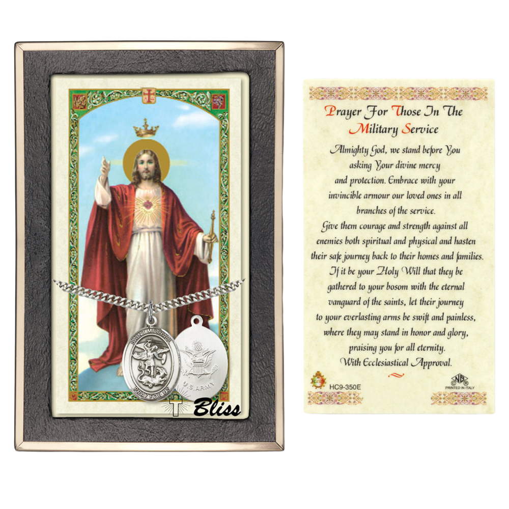 925 Sterling Silver Saint St.Michael Army Medal Pendant on 24 Inch Endless Rhodium Plated Heavy Curb Brass Chain, Catholic Religious Necklace -Made in USA- Prayer Card Included