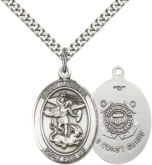 .925 Sterling Silver Saint St. Michael Coast Guard Medal Pendant on 24 Inch Endless Rhodium Plated Heavy Curb Brass Chain, Catholic Religious Necklace - Made in USA- Prayer Card Included