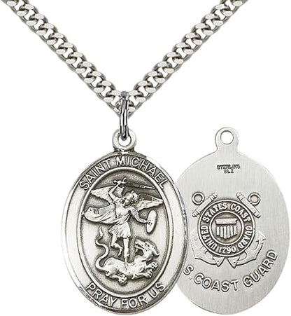 .925 Sterling Silver Saint St. Michael Coast Guard Medal Pendant on 24 Inch Endless Rhodium Plated Heavy Curb Brass Chain, Catholic Religious Necklace - Made in USA- Prayer Card Included