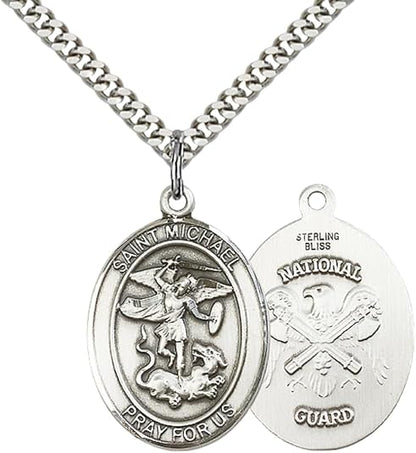 .925 Sterling Silver Saint St. Michael National Guard Medal Pendant on 24 Inch Endless Rhodium Plated Heavy Curb Brass Chain, Catholic Religious Necklace - Made in USA - Prayer Card Included