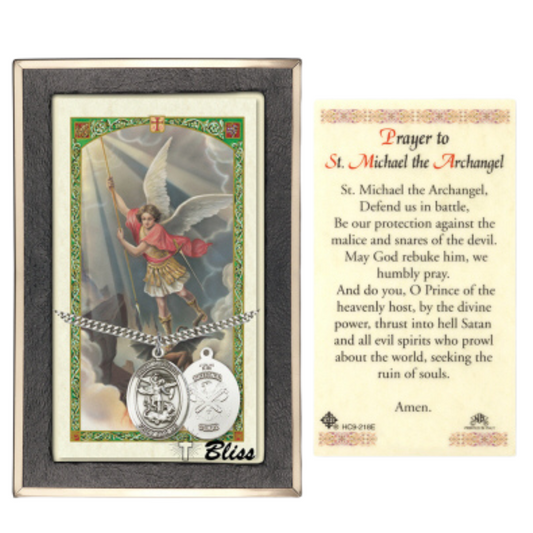 Everlasting Light Jewelry Pewter Saint St. Michael National Guard Medal Pendant on 24 Inch Endless Rhodium Plated Heavy Curb Brass Chain, Catholic Religious Necklace - Made in USA- Prayer Card Included