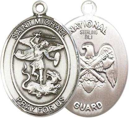 .925 Sterling Silver Saint St. Michael National Guard Medal Pendant on 24 Inch Endless Rhodium Plated Heavy Curb Brass Chain, Catholic Religious Necklace - Made in USA- Prayer Card Included