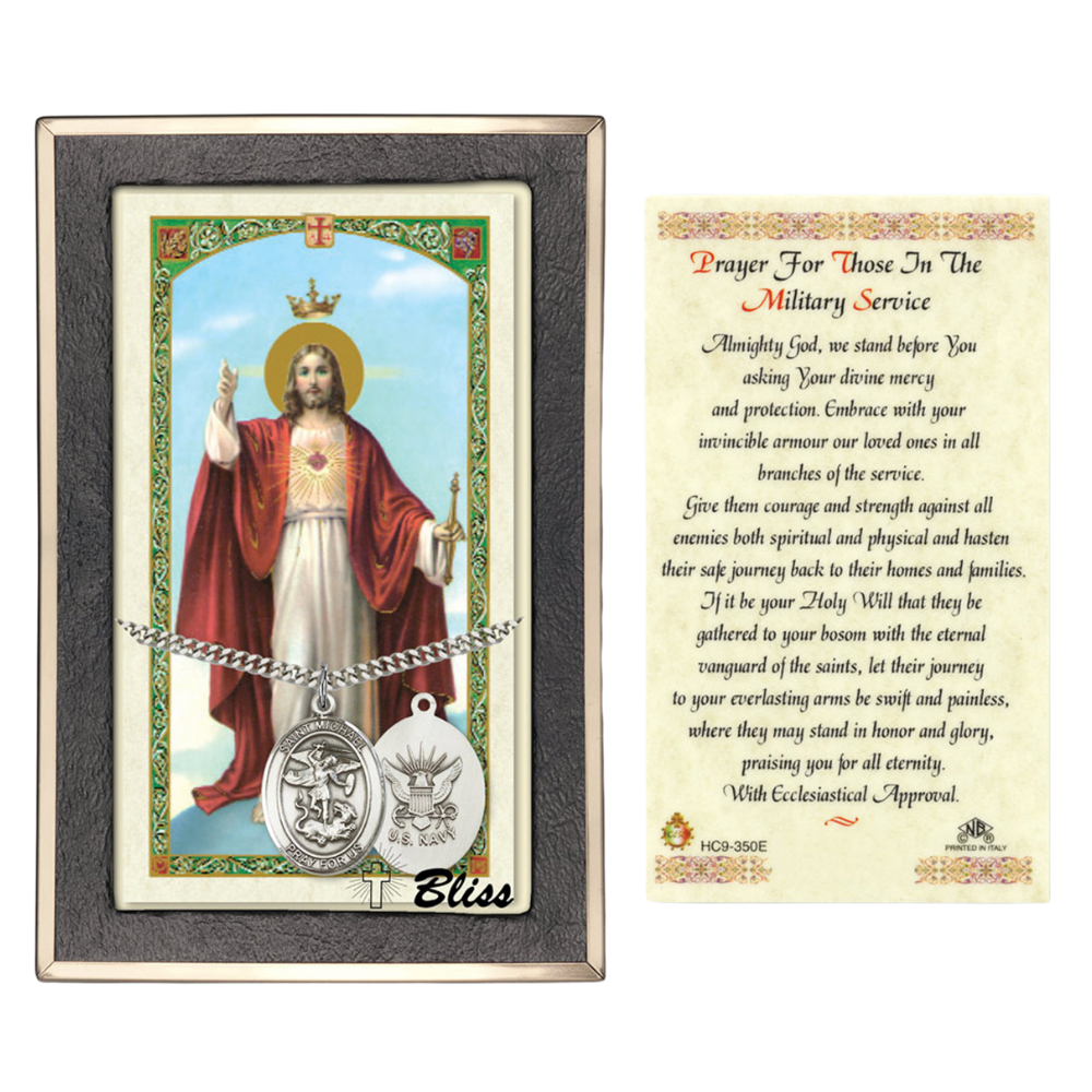 Everlasting Light Jewelry Pewter Saint St. Michael Navy Medal Pendant on 24 Inch Endless Rhodium Plated Heavy Curb Brass Chain, Catholic Religious Necklace - Made in USA- Prayer Card Included