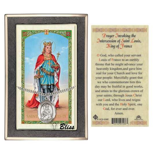 Everlasting Light Jewelry Pewter Saint St. Louis Medal Pendant on 24 Inch Endless Rhodium Plated Heavy Curb Brass Chain, Catholic Religious Necklace - Made in USA- Prayer Card Included