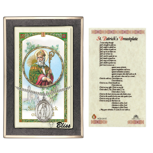 Everlasting Light Jewelry Pewter Saint St. Patrick Medal Pendant on 24 Inch Endless Rhodium Plated Heavy Curb Brass Chain, Catholic Religious Necklace - Made in USA- Prayer Card Included