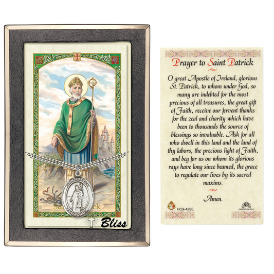 Everlasting Light Jewelry Pewter Saint St. Patrick Medal Pendant on 24 Inch Endless Rhodium Plated Heavy Curb Brass Chain, Catholic Religious Necklace - Made in USA - Prayer Card Included