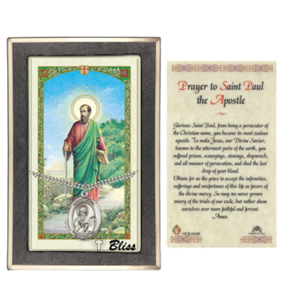 .925 Sterling Silver Saint St. Paul the Apostle Medal Pendant on 24 Inch Endless Rhodium Plated Heavy Curb Brass Chain, Catholic Religious Necklace - Made in USA- Prayer Card Included