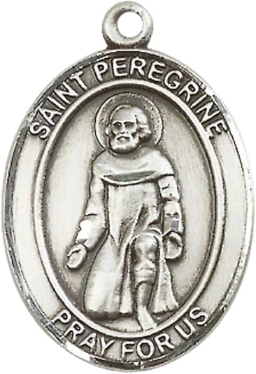Everlasting Light Jewelry Pewter Saint St. Peregrine Medal Pendant on 24 Inch Endless Rhodium Plated Heavy Curb Brass Chain, Catholic Religious Necklace - Made in USA- Prayer Card Included