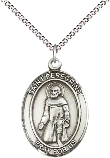 Everlasting Light Jewelry Pewter Saint St. Peregrine Medal Pendant on 24 Inch Endless Rhodium Plated Heavy Curb Brass Chain, Catholic Religious Necklace - Made in USA- Prayer Card Included